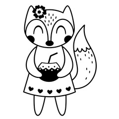 Black and white fox clipart. Summer animal clipart in cartoon flat style. doodle. Hand drawn vector illustration