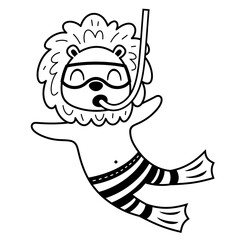 Black and white lion clipart. Summer animal clipart in cartoon flat style. doodle. Hand drawn vector illustration