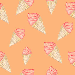 Ice cream cone seamless pattern watercolor illustration isolated on peach background base for printing on cards. fabrics and dishes