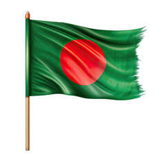 A vibrant Bangladeshi flag, with its iconic red circle, waves proudly on a wooden pole against a white background. Generative AI