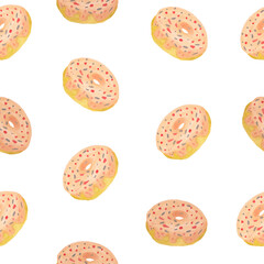 donut with sprinkles sweet pastries seamless pattern watercolor illustration isolated on white background base for printing on cards. fabrics and dishes