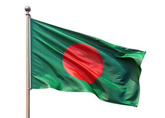A close-up image of the Bangladeshi flag with a red circle on a green background, waving on a flagpole against a white backdrop. Generative AI