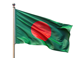 A close-up image of the Bangladeshi flag with a red circle on a green background, waving on a flagpole against a white backdrop. Generative AI