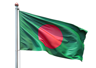 A green and red Bangladeshi flag is flying on a pole against a white background. The flag is waving in the wind. Generative AI