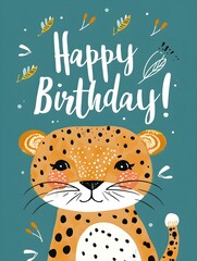 Naklejka premium Happy Birthday Card with a cute Cheetah Illustration on a blue Background