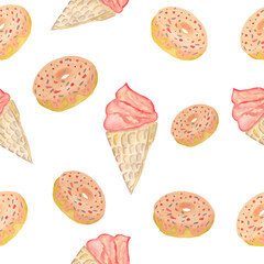 donut with sprinkles sweet pastries and ice cream cone seamless pattern watercolor illustration isolated on white background base for printing on cards. fabrics and dishes