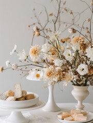 Cheese Table on White Surface with Minimalist Floral Arrangement, Home Decor Concept