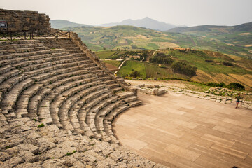 Archaeological Park of Segesta ruins in Sicily , Italy, the main theatre up the hill 