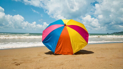 A beach umbrella that lies on the sand, and there are many collors.