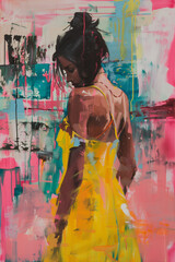 Abstract Painting of Woman in Yellow Dress Facing Colorful Backdrop