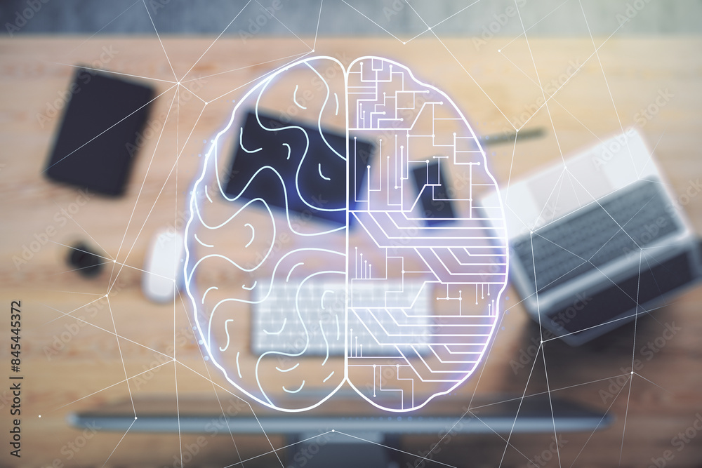 Poster Double exposure of creative artificial Intelligence symbol with modern laptop on background. Neural networks and machine learning concept