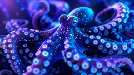 Obraz premium Close-up of octopus with many tentacles with luminous elements. Cephalopod mollusk with bioluminescence. Illustration for cover, interior design, poster, brochure or presentation.