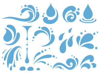 Water elements set, liquid droplets, splash, swirl and wave set
