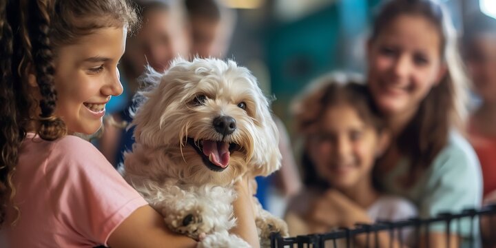 woman with dog, Pet Adoption Event Joyful blurred background image of a pet adoption event with families meeting pets, volunteers assisting, and a cheerful environment. 
