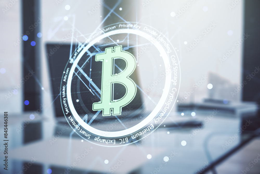 Aufkleber creative bitcoin concept with modern computer background. double exposure