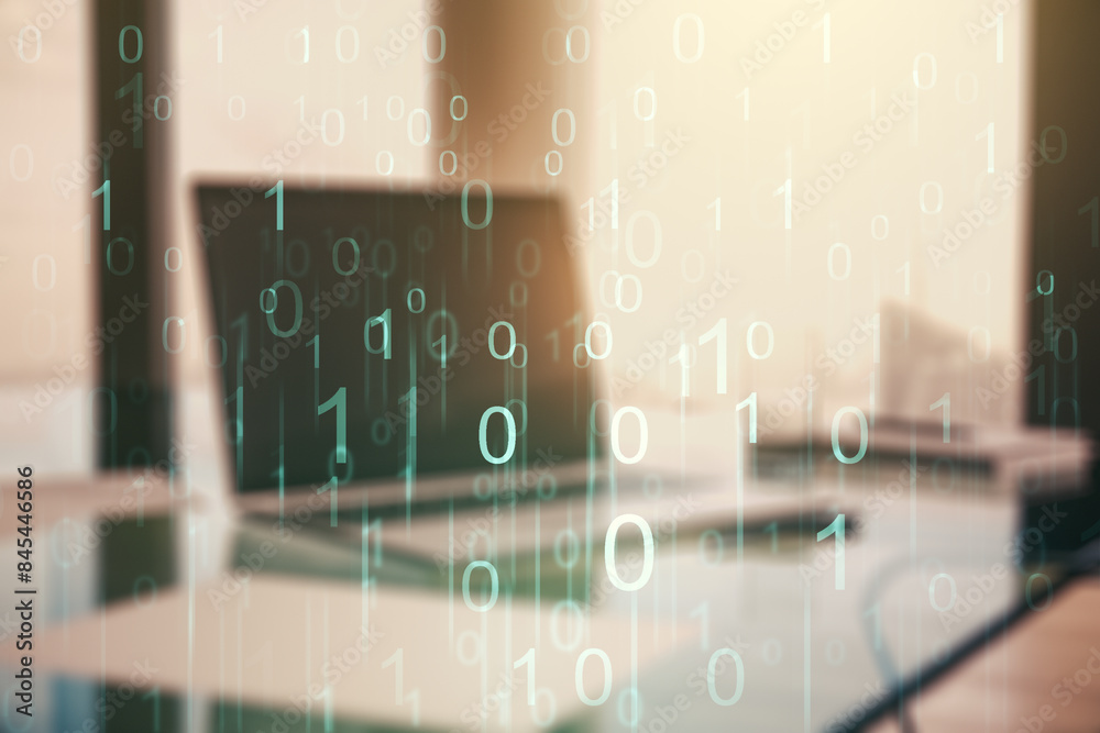 Aufkleber Creative abstract binary code hologram on modern computer background, AI and machine learning concept. Multiexposure