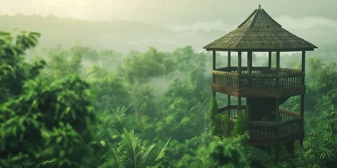 morning on the river, Wildlife Observation Tower Scenic blurred background image of a wildlife observation tower in the jungle, offering panoramic views of the lush landscape and animals below. 