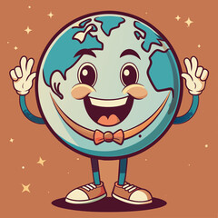 A cheerful Earth mascot character hand-drawn in a retro cartoon style. The Earth has a smiling face, expressive eyes, and is wearing blue sneakers. It is standing and pointing upwards with one hand.