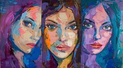 Obraz premium Vivid triptych portrait of three expressive young women in art