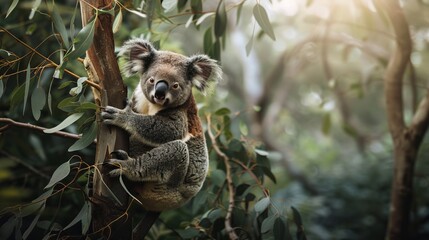 Fototapeta premium A serene koala clings to a tree in a lush forest setting during daytime. The image captures the peaceful essence of wildlife. Perfect for nature-themed projects, educational materials,