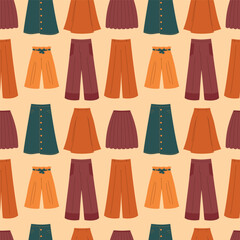 Seamless vector pattern of women pants and skirts. Trendy and stylish fashion illustration.