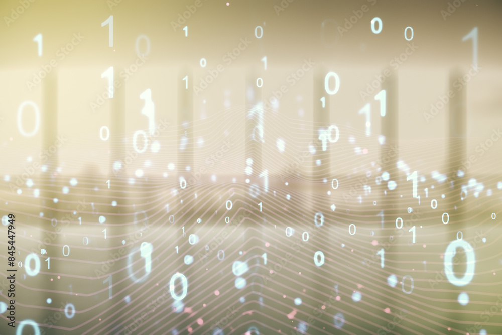 Aufkleber Abstract virtual binary code illustration on empty corporate office background. Big data and coding concept. Multiexposure