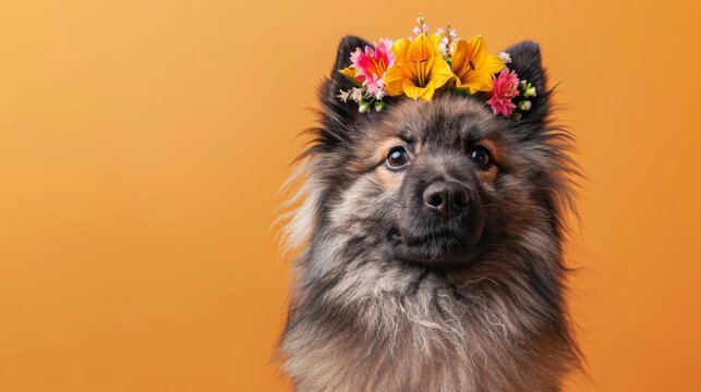 Keeshond wearing a flower crown made of lilies and gladiolus