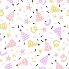Seamless pattern with abstract elements, birthday party celebration, fun colorful abstract repeating background print, confetti