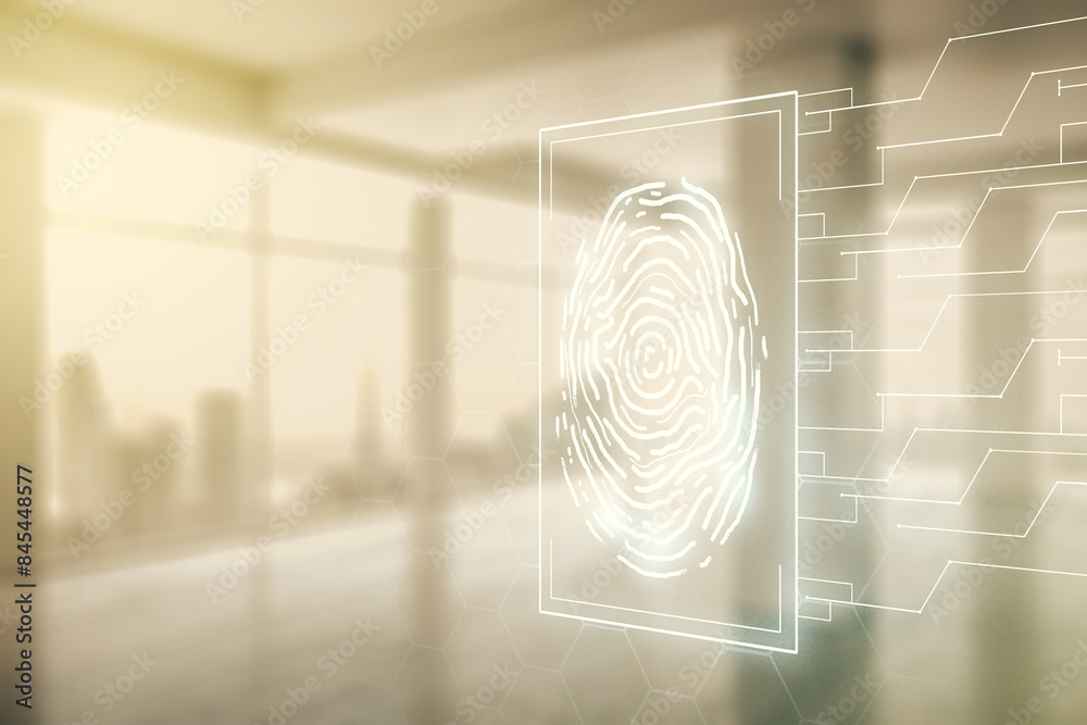 Leinwandbilder multi exposure of virtual fingerprint scan interface on empty modern office background, digital acce