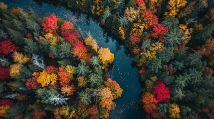 Obraz premium Vibrant Autumn Forest Panorama: River Meandering Through a Patchwork of Red, Orange, Yellow, and Green Trees from an Elevated Viewpoint