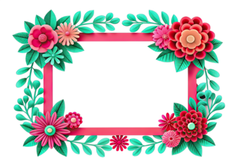 A square frame made of pink paper with a floral border. The flowers and leaves are crafted from paper with a 3D effect, and they are in shades of pink, red, and green. The background is a plain white.