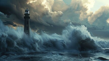 A flooded lighthouse under stormy skies with huge waves