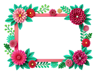 A pink rectangular frame surrounded by a vibrant border of paper cut flowers and leaves, isolated on a transparent background. Generative AI