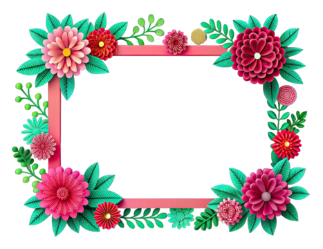 A pink rectangular frame surrounded by a vibrant border of paper cut flowers and leaves, isolated on a transparent background. Generative AI