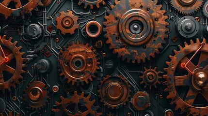 Intricate close-up of rusted clockwork gears showcasing detailed mechanical components and industrial engineering.