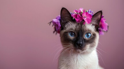 A beautiful Siamese cat wearing a crown of purple flowers.