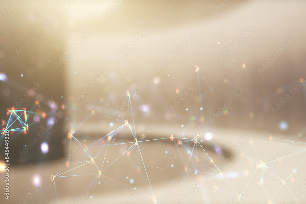 Poster double exposure of abstract virtual technology hologram on empty modern office background. research 