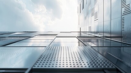 Fototapeta premium Modern Architectural Facade with Metallic Panels and Glass Windows Reflecting Sky and Clouds in Urban Environment