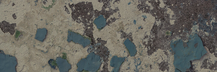 Peeling paint on the wall. Panorama of a concrete wall with old cracked flaking paint. Weathered...
