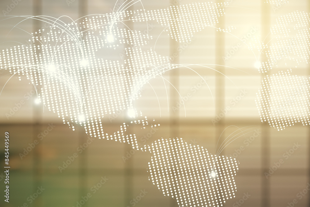 Poster double exposure of abstract digital world map hologram with connections on empty modern office backg