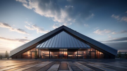 Fototapeta premium Modern Architectural Masterpiece with Sleek Design and Expansive Glass Windows at Sunset