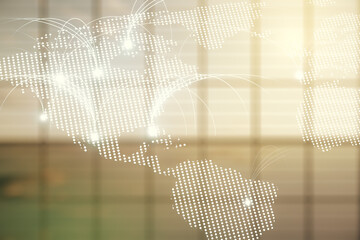 Double exposure of abstract digital world map hologram with connections on empty modern office background, research and strategy concept