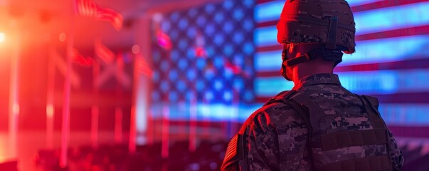 Military homecoming, holographic timeline of service milestones, patriotic hues