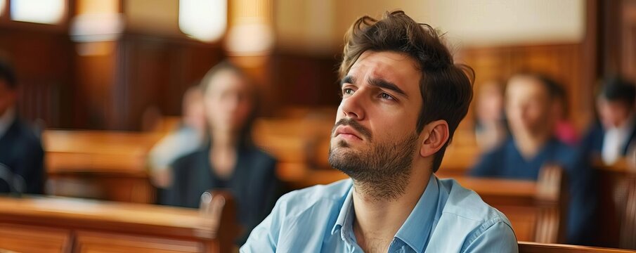 Man feeling guilty in a courtroom, solemn atmosphere, downcast eyes
