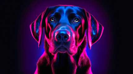 Black labrador dog in neon light. Ai art