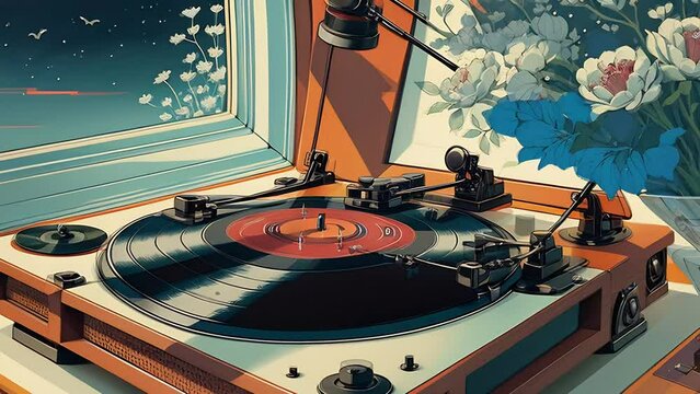 Vintage Turntable Playing Vinyl in Cozy Sunlit Room - Retro Music Vibes and Artistic Illustration