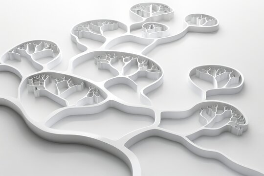 Abstract white tree patterns representing neural networks on a clean, minimalistic background. Perfect for tech and science themes.