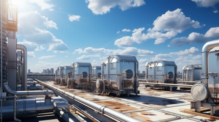 Fototapeta premium Industrial Rooftop with HVAC Units and Piping Under a Clear Blue Sky with City Skyline in the Background on a Sunny Day