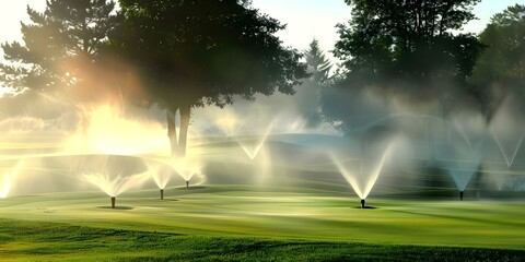 Modern Golf Course Maintenance Advanced Irrigation System with Sprinklers. Concept Golf Course Maintenance, Advanced Irrigation System, Sprinkler Technology, Modern Techniques