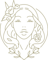 Woman face with natural floral botanical blossom hand drawn logo line art style vector illustration